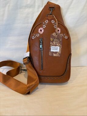 💯 Vegan Friendly 🌸Cognac Embroidered Sling Bag with Stud Accents 🌸